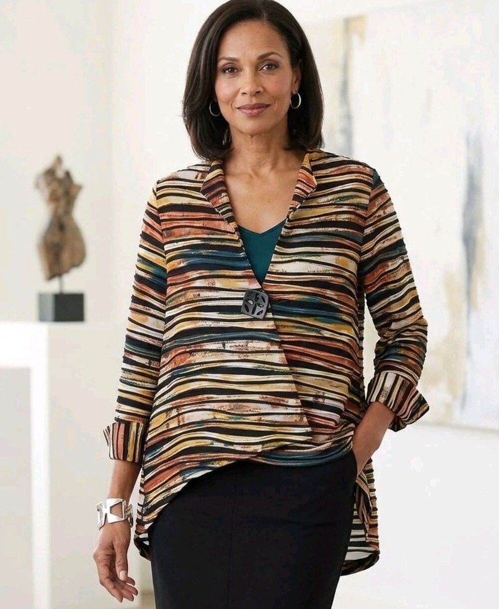 IC by Connie K Asymmetrical Art To Wear Jacket Sz M Multicolor Stripe Lagenlook